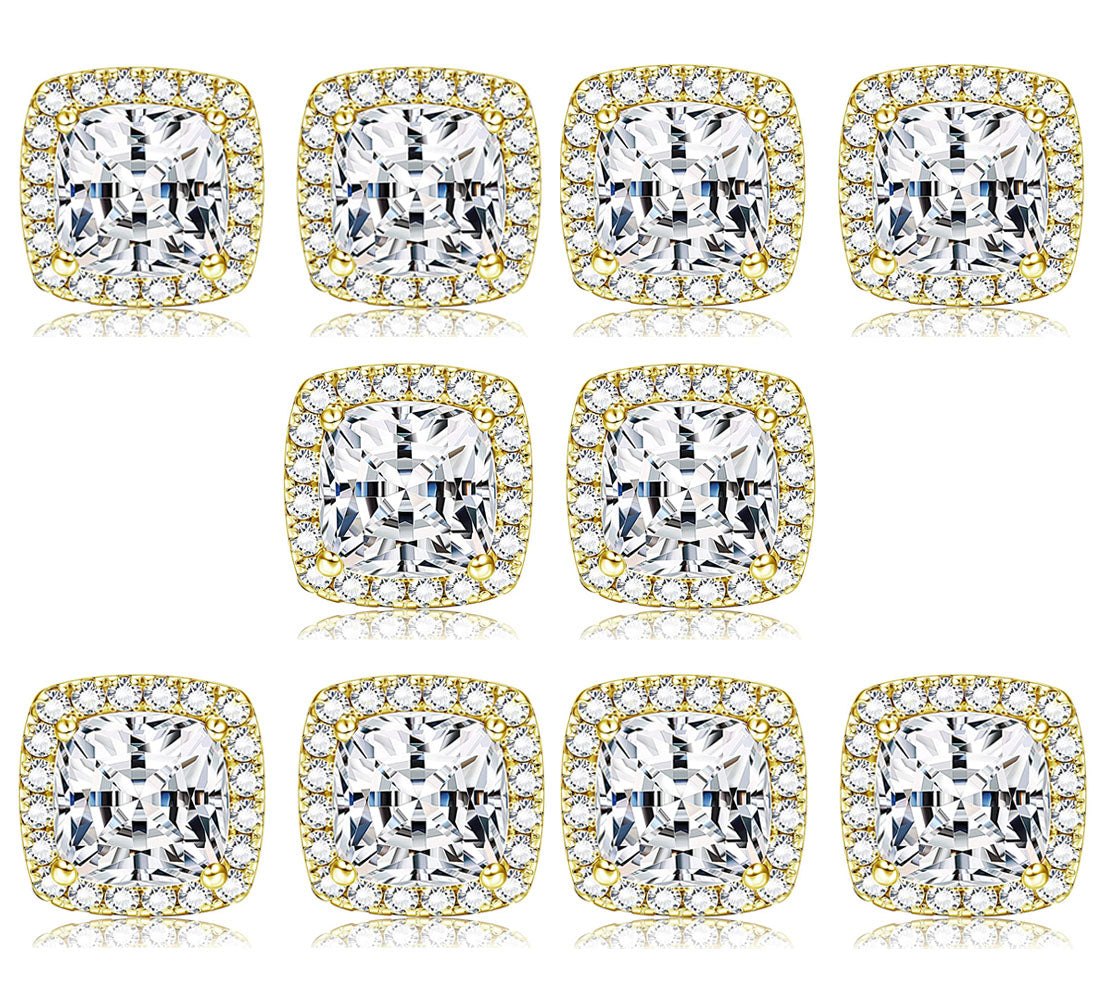 Paris Jewelry 14k Yellow Gold Halo 6mm 2Ct Asscher Cut Created White Sapphire CZ Set Of Five Stud Earrings Plated