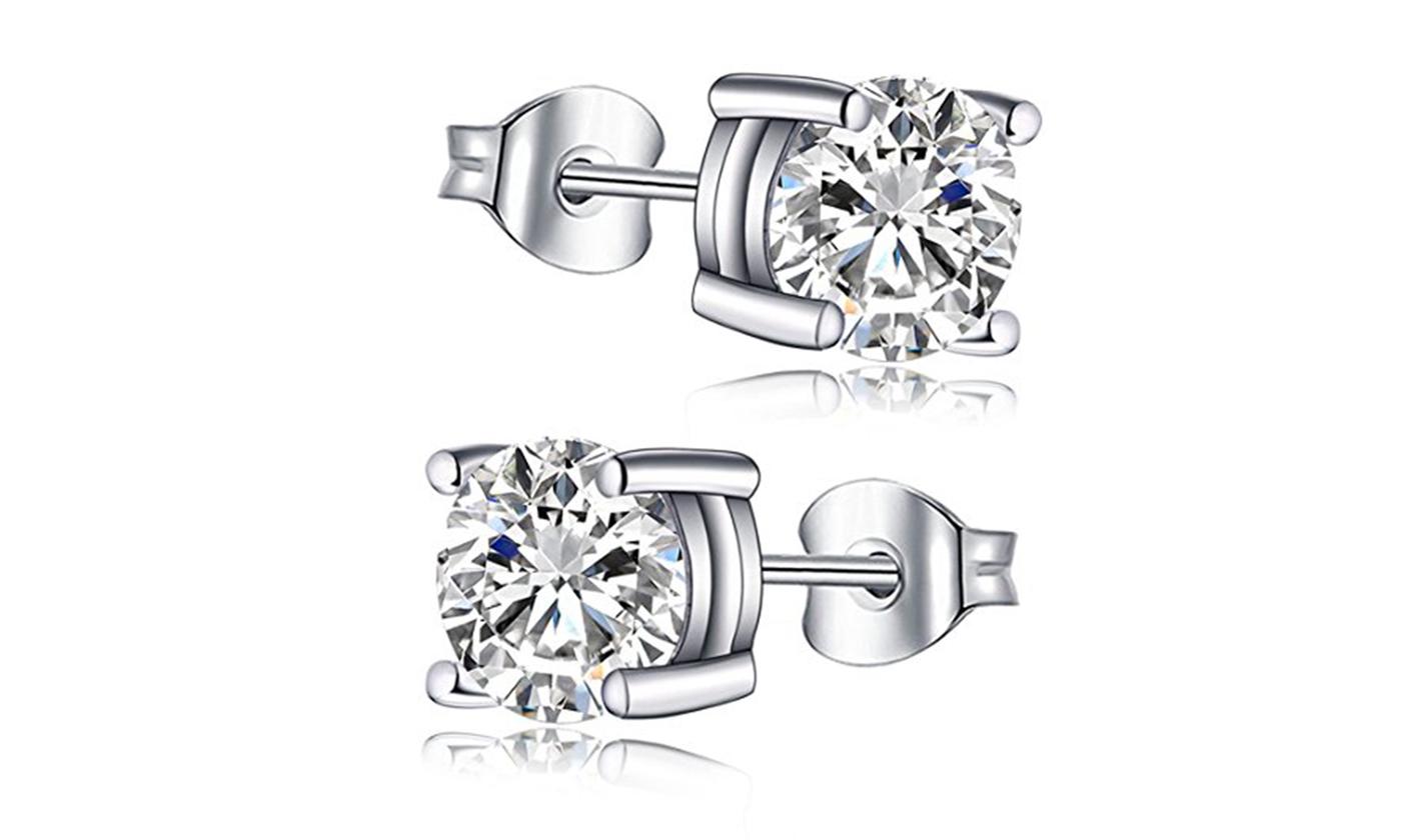 18K White Gold Plated 4MM Cubic Zirconia Stud Earrings
