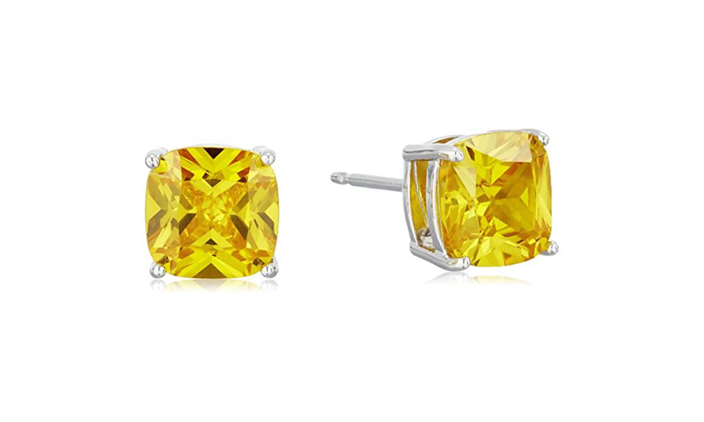 Platinum Plated Cushion 7mm Yellow CZ Stud Earrings