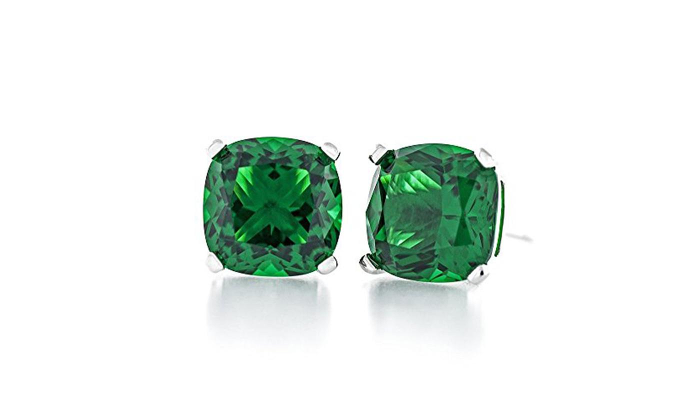 Rhodium Plated 4 Ct Cushion Cut 7x7mm Green Stud Earrings