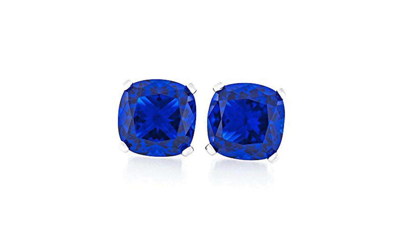 Rhodium Plated 4 Ct Cushion Cut 7x7mm Blue Stud Earrings