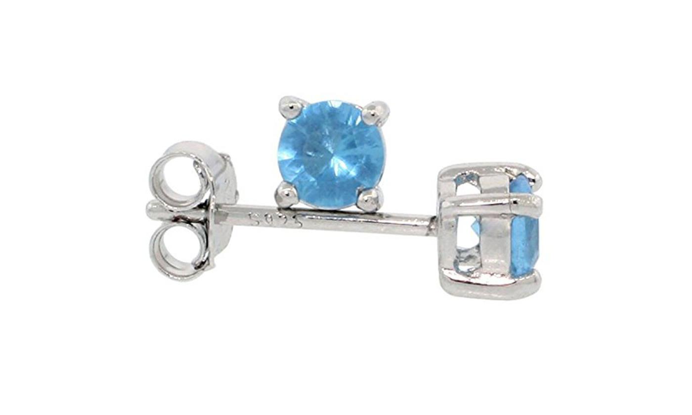 Rhodium Plated 4 Ct Cushion Cut 7x7mm Blue Stud Earrings