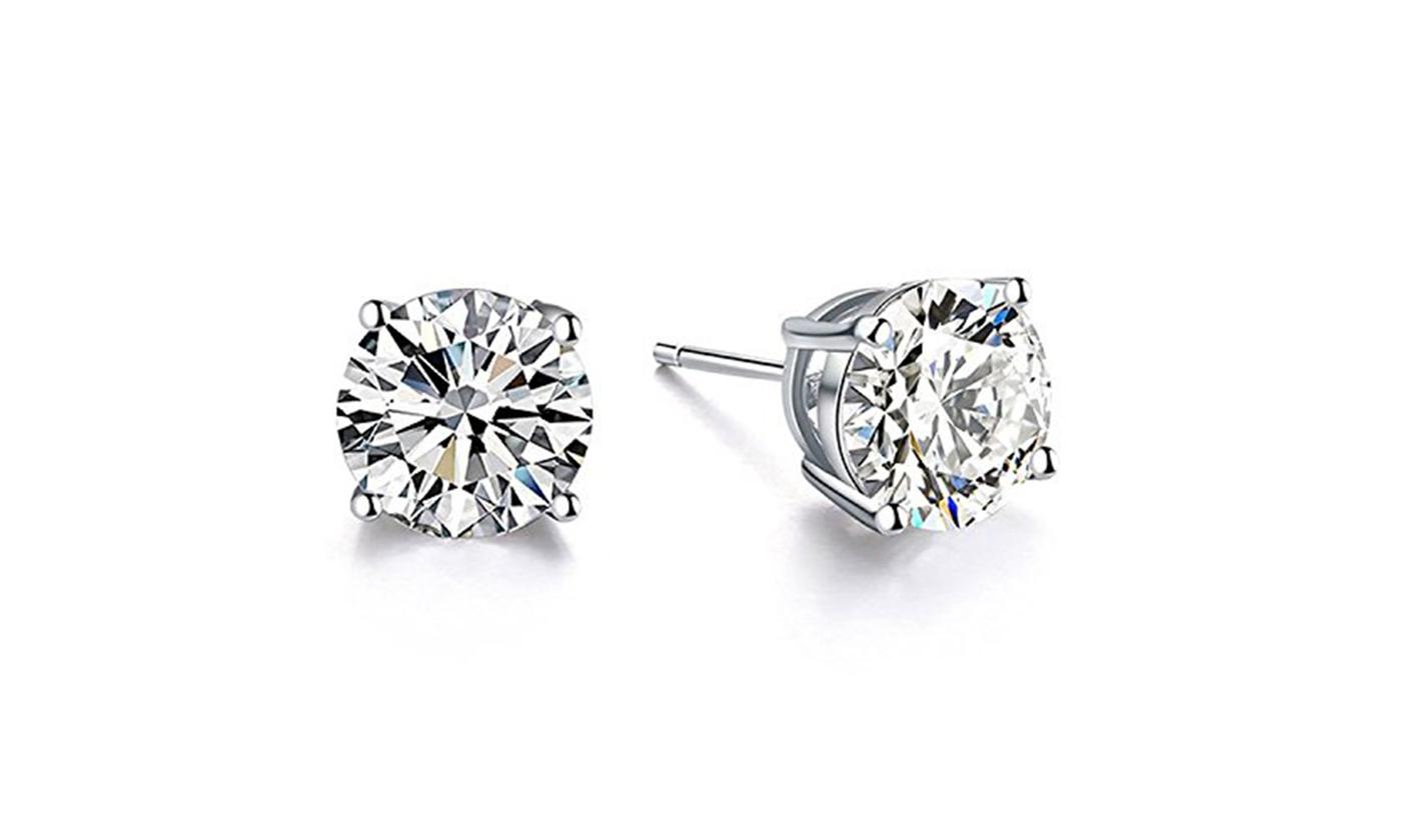 18K White Silver Plated Cubic Zirconia round cut Stud Earrings