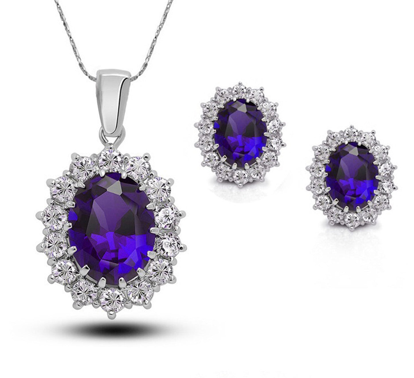 18K White Gold Created Amethyst Round 1 Carat Oval Necklace Plated 18 inch