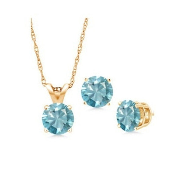 18K Yellow Gold 1/2ct Aquamarine Round 18 Inch Necklace and Earrings Set Plated