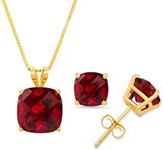 18K Yellow Gold 2ct Garnet Square 18 Inch Necklace and Earrings Set Plated