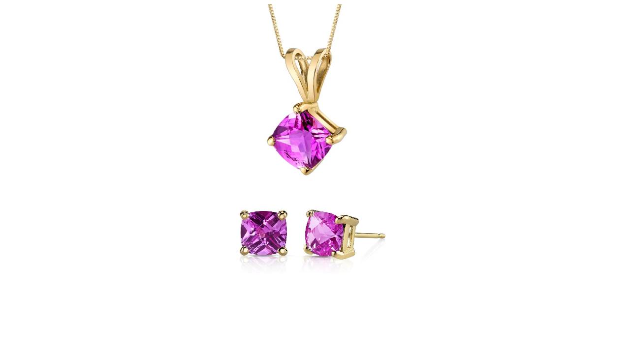 18K Yellow Gold 2ct Pink sapphire Square 18 Inch Necklace and Earrings Set Plated