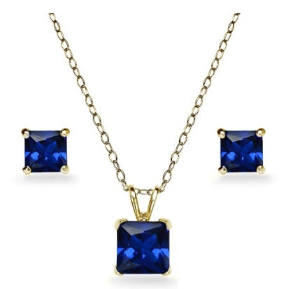 18K Yellow Gold 2ct Tanzanite Square 18 Inch Necklace and Earrings Set Plated