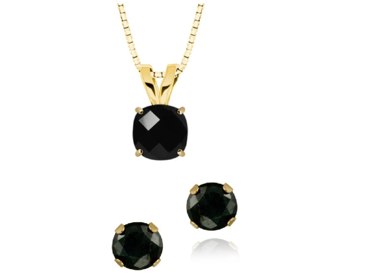18K Yellow Gold 1/2ct Black Sapphire Square 18 Inch Necklace and Round Earrings Set Plated