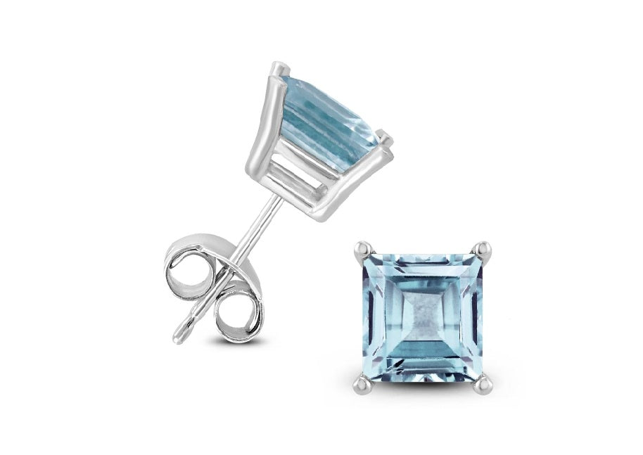 24k White Gold Plated 2 Cttw Aquamarine Square Stud Earrings