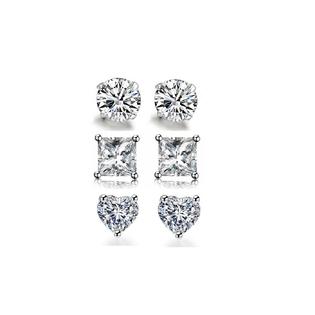 18k White Gold Plated 1/4Cttw 4mm Created White Sapphire 3 Pair Round, Square and Heart Stud Earrings