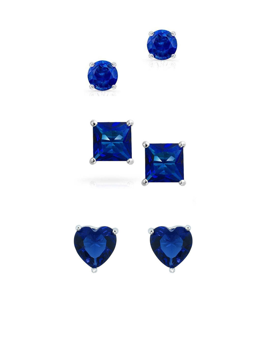Paris Jewelry 18k White Gold 4Cttw Created Blue Sapphire 3 Pair Round, Square and Heart Stud Earrings Plated