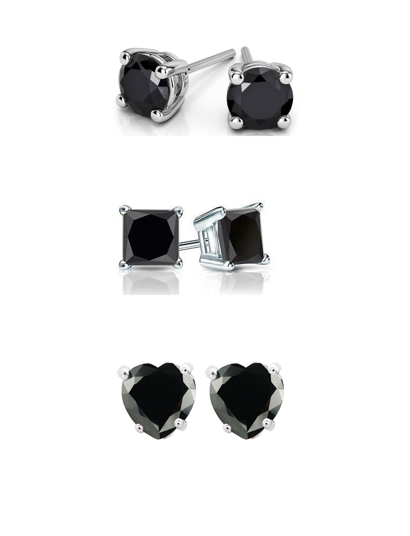 18k White Gold Plated 1/4Cttw 4mm Created Black Sapphire 3 Pair Round, Square and Heart Stud Earrings