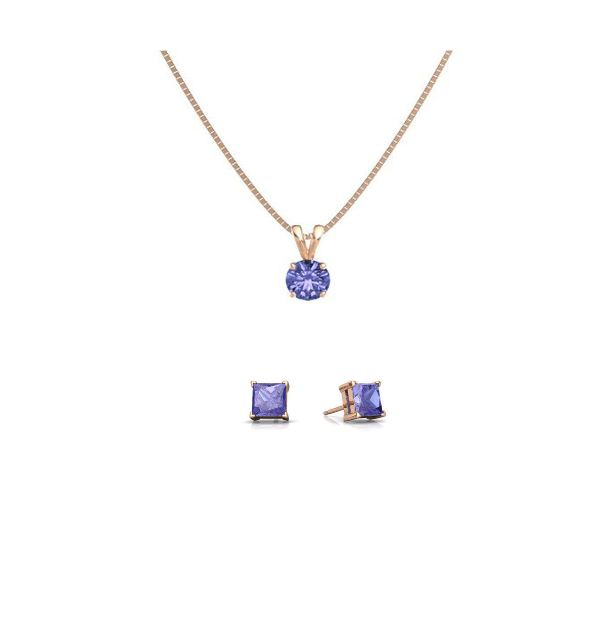 18K Rose Gold 4ct Tanzanite Round 18 Inch Necklace and Square Earrings Set Plated
