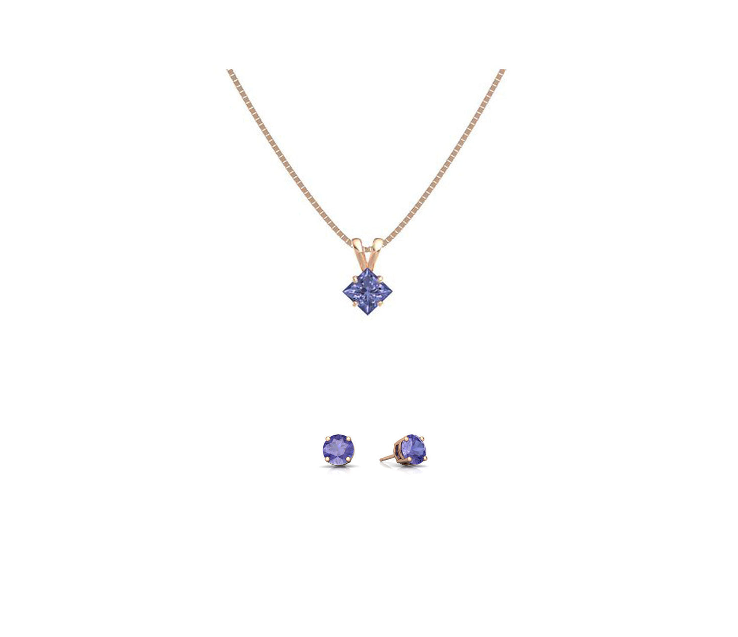 18K Rose Gold 4ct Tanzanite Square 18 Inch Necklace and Round Earrings Set Plated