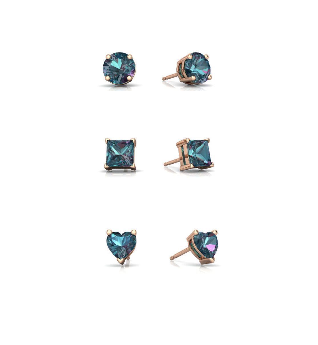 18k Rose Gold Plated 4mm Created Alexandrite 3 Pair Round, Square and Heart Stud Earrings