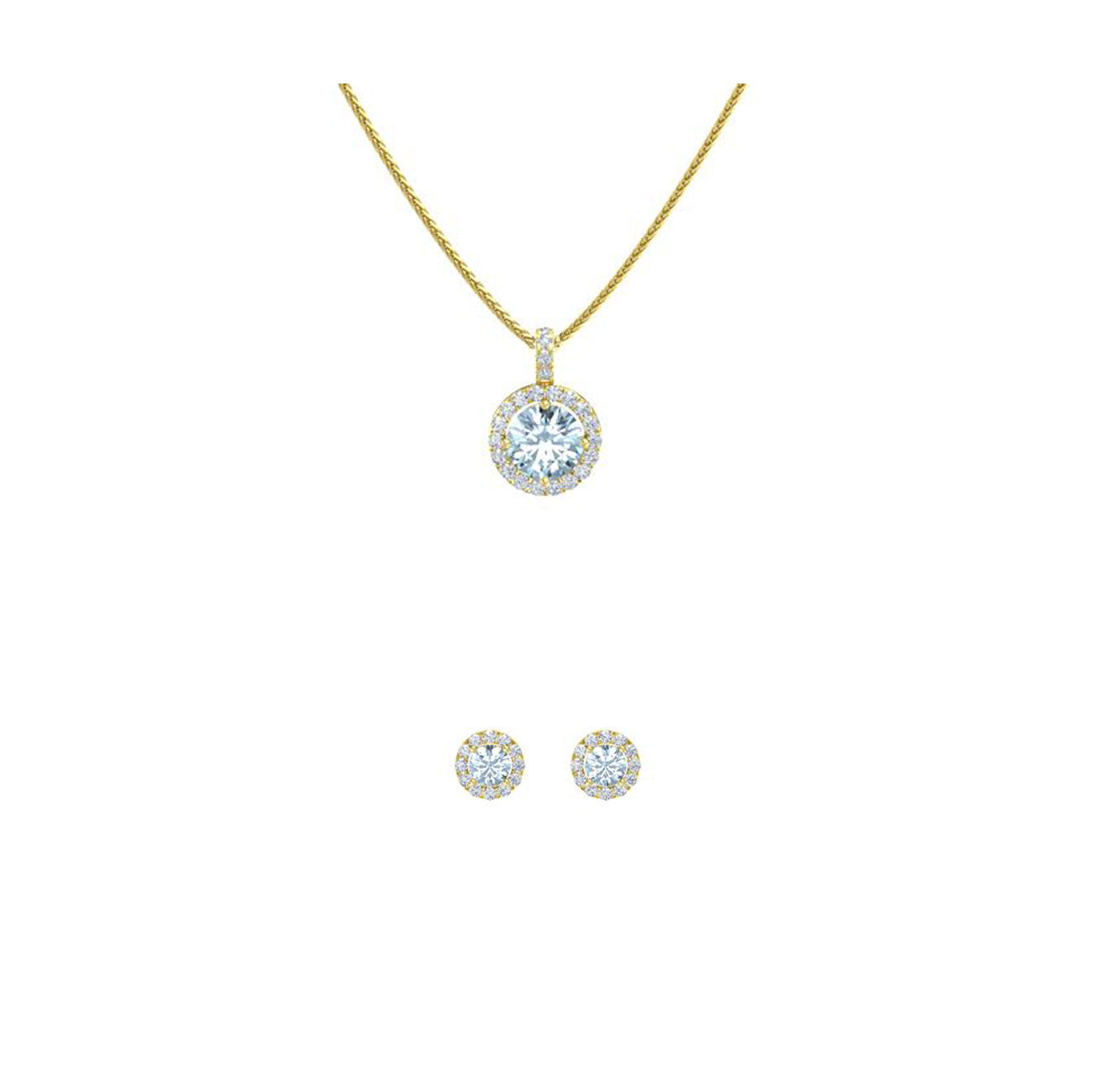 18K Yellow Gold 1/2ct Halo Aquamarine Round 18 Inch Necklace and Halo Earrings Set Plated