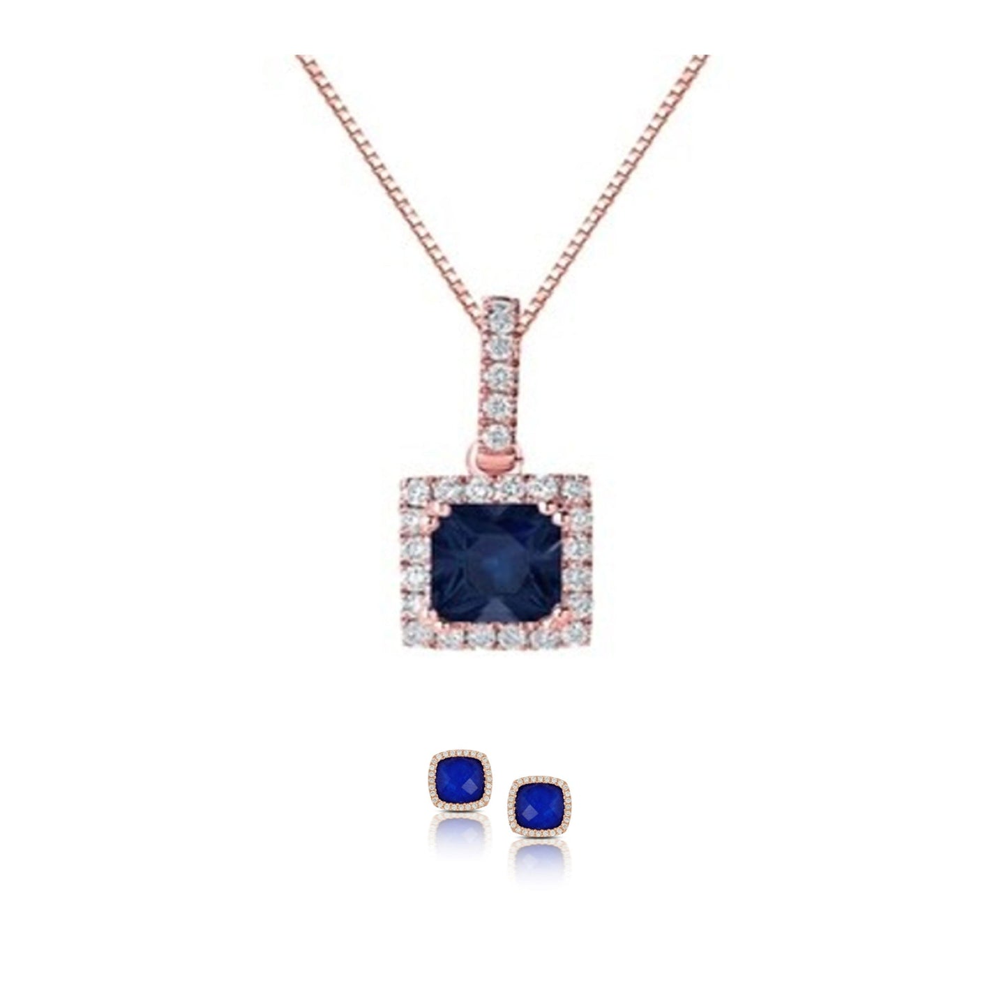 18K Rose Gold 4ct Halo Blue Sapphire Round 18 Inch Necklace and Square Halo Earrings Set Plated