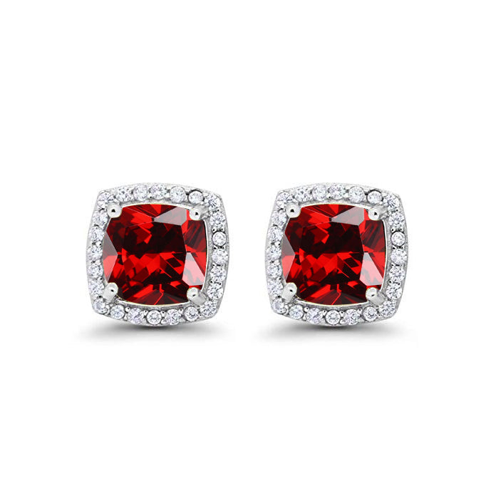 18k White Gold Plated 3 Ct Created Halo Princess Cut Garnet Stud Earrings