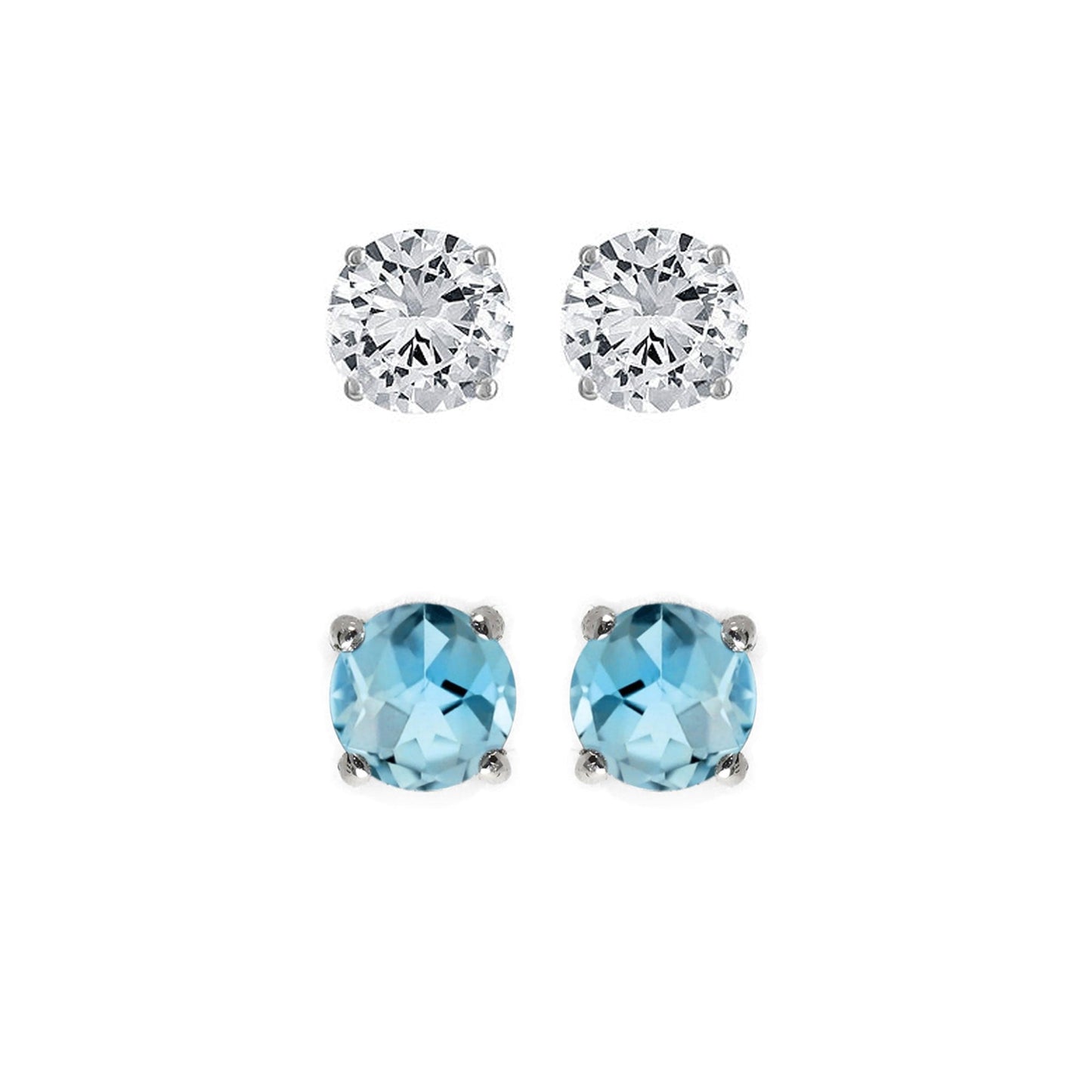 24k White Gold Plated 4Ct Created White Sapphire and Blue Topaz 2 Pair Round Stud Earrings