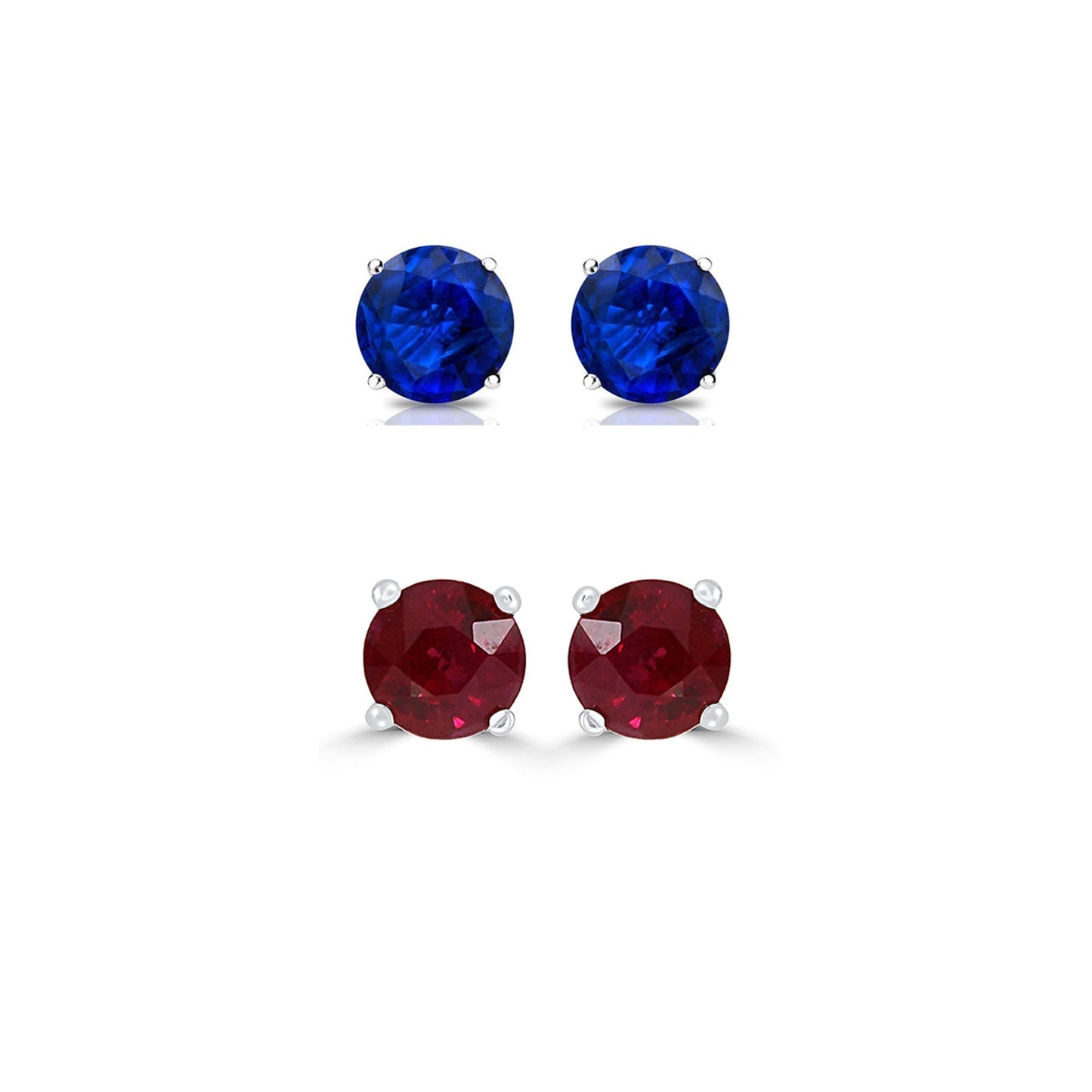 24k White Gold Plated 1Ct Created Blue sapphire and Ruby 2 Pair Round Stud Earrings