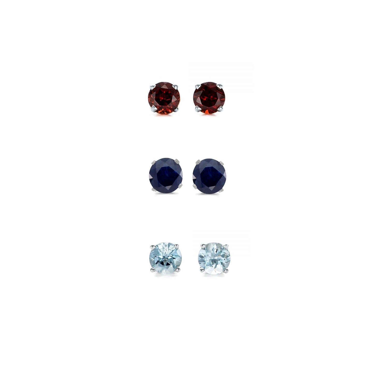 24k White Gold Plated 3Ct Created Garnet, Black Sapphire and Aquamarine 3 Pair Round Stud Earrings