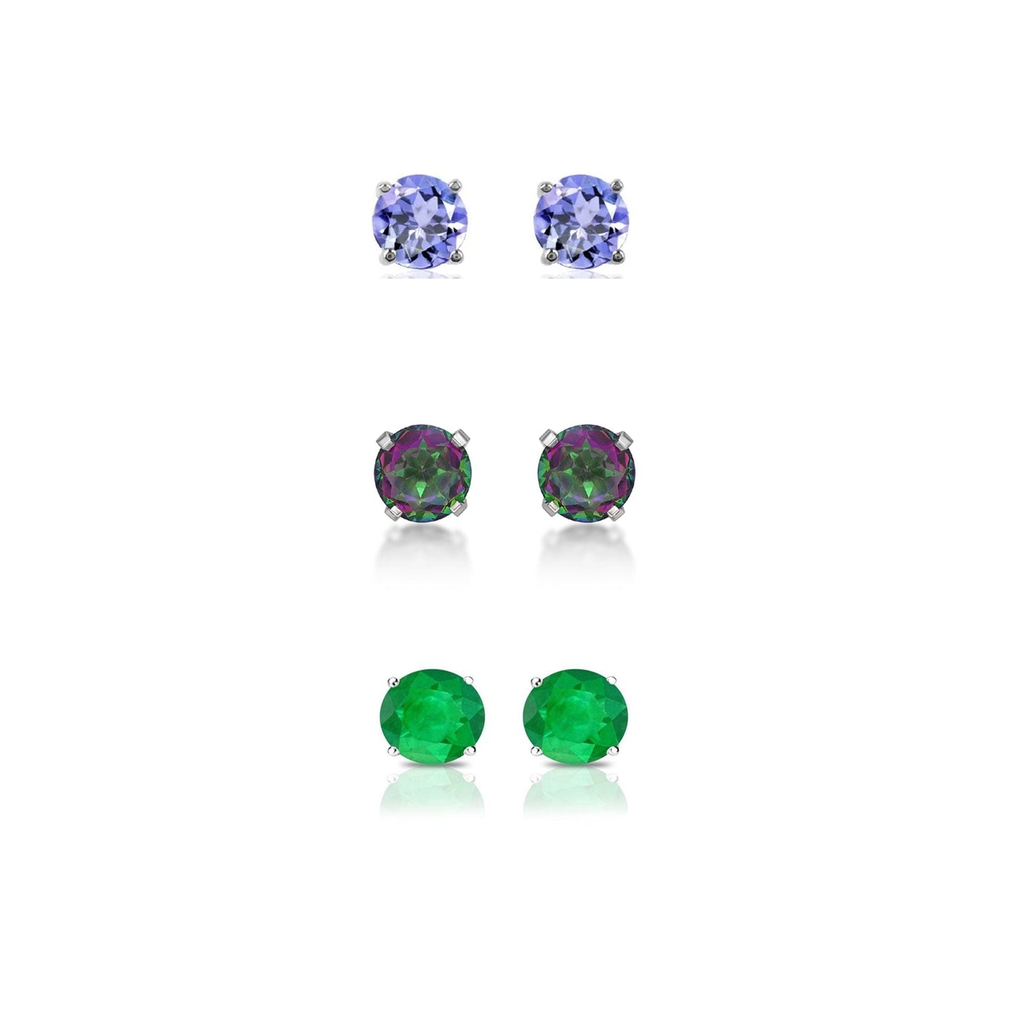 18k White Gold Plated 1/2Ct Created Tanzanite, Mystic Topaz and Emerald 3 Pair Round Stud Earrings