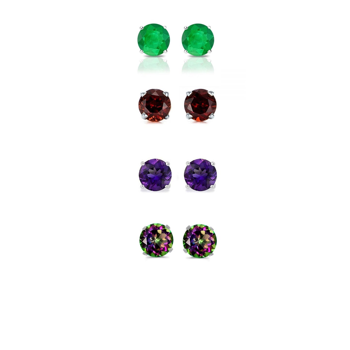 24k White Gold Plated 1Ct Created Emerald, Garnet, Amethyst and Mystic Topaz 4 Pair Round Stud Earrings