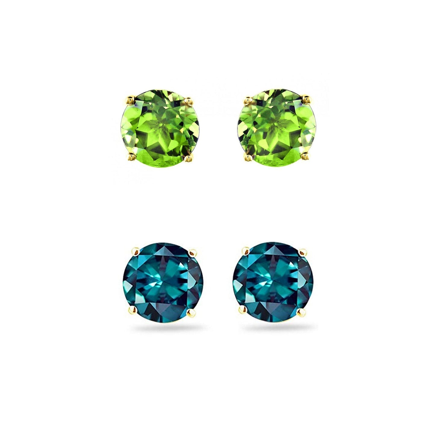 18k Yellow Gold Plated 1/2Ct Created Peridot and Alexandrite 2 Pair Round Stud Earrings