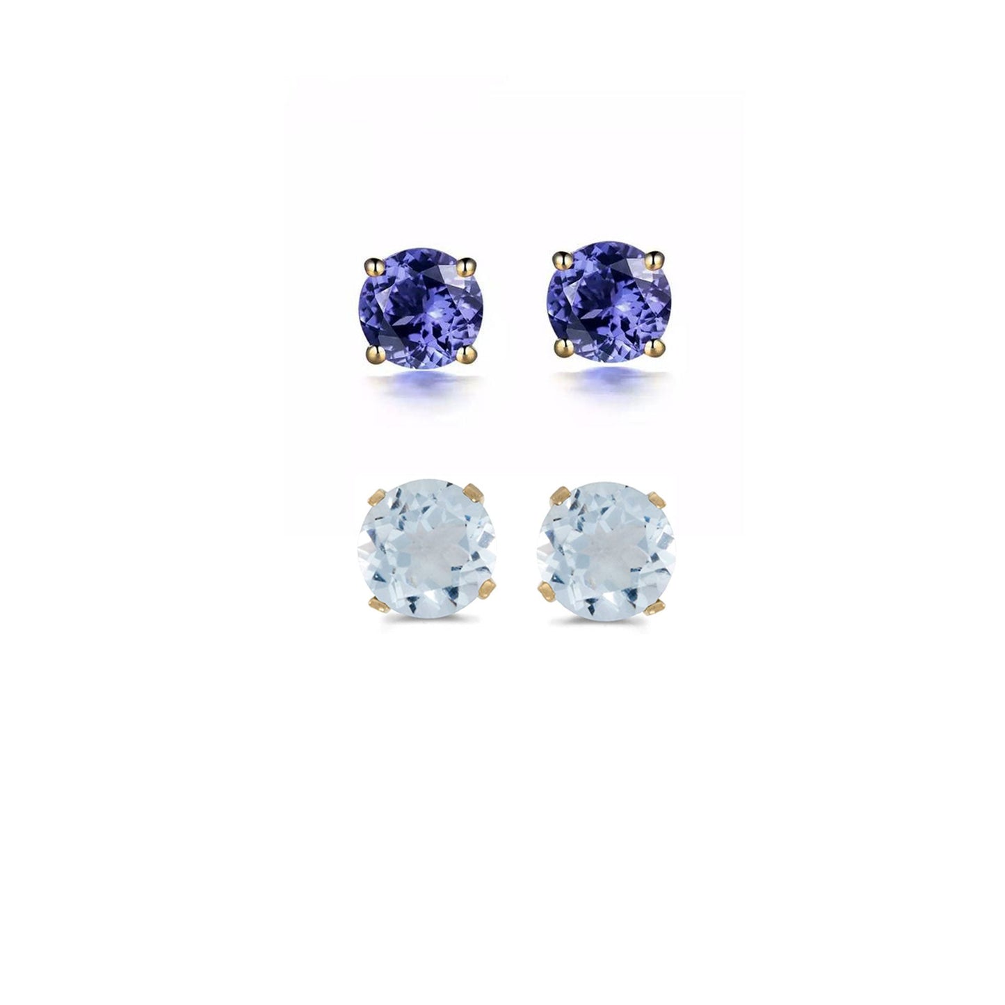 24k Yellow Gold Plated 1/2Ct Created Tanzanite and Aquamarine 2 Pair Round Stud Earrings