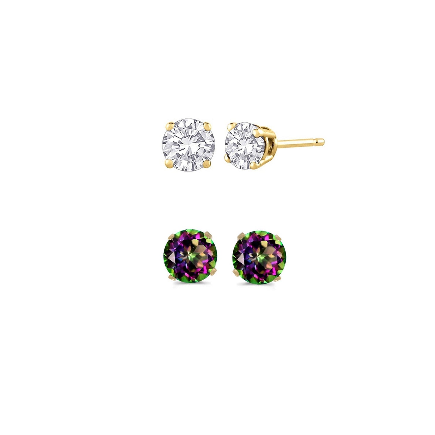 24k Yellow Gold Plated 4Ct Created White Sapphire and Mystic Topaz 2 Pair Round Stud Earrings