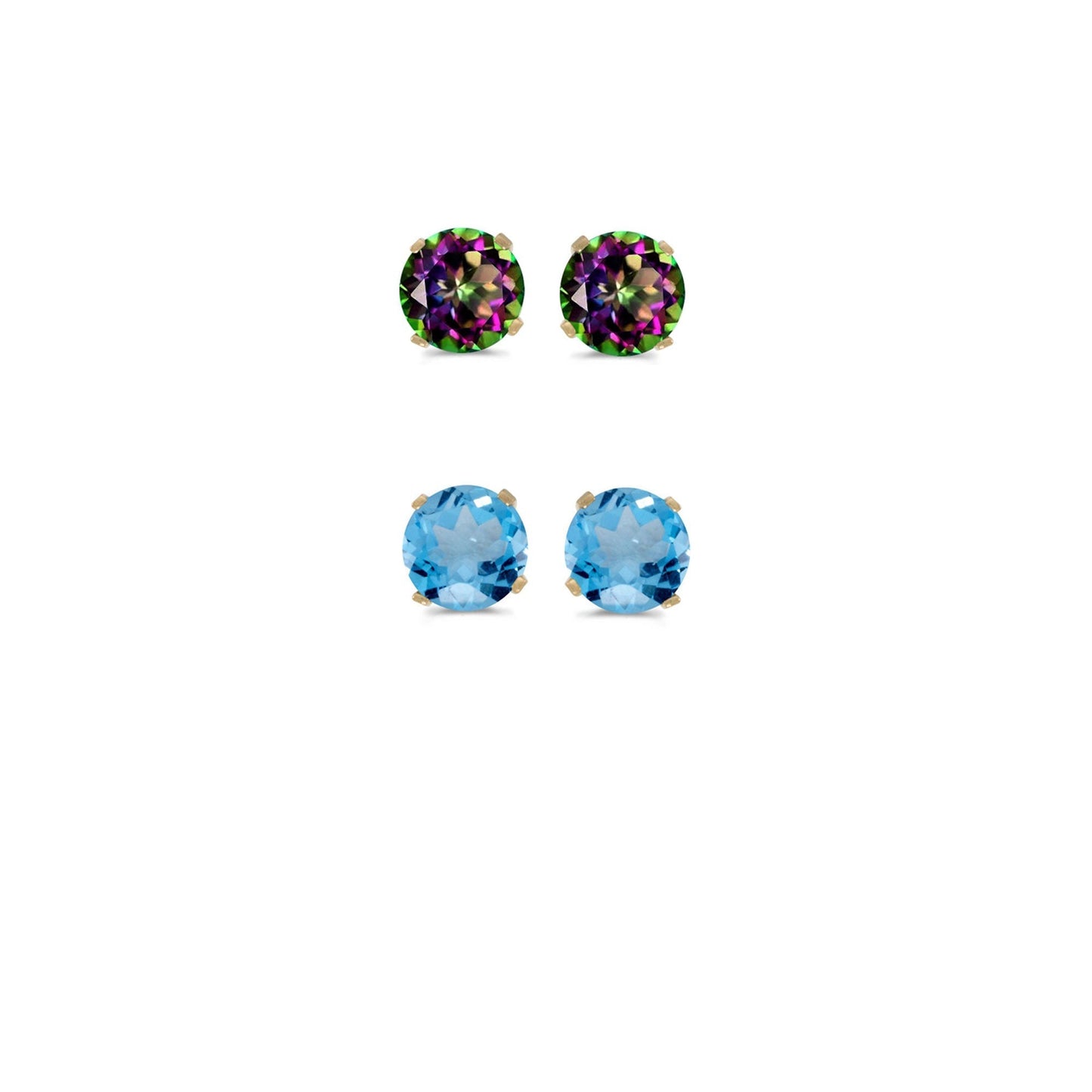 24k Yellow Gold Plated 4Ct Created Mystic Topaz and Blue Topaz 2 Pair Round Stud Earrings