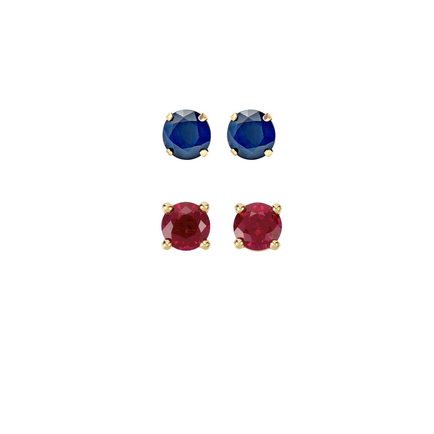 24k Yellow Gold Plated 3Ct Created Blue sapphire and Ruby 2 Pair Round Stud Earrings