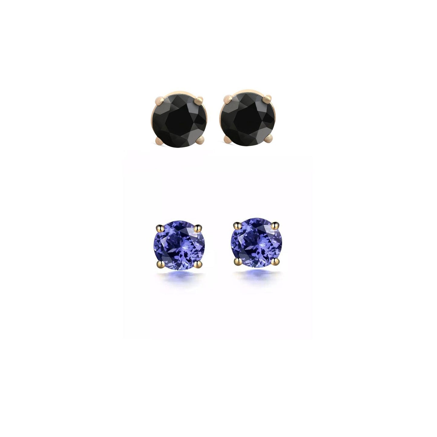 18k Yellow Gold Plated 4Ct Created Black Sapphire and Tanzanite 2 Pair Round Stud Earrings