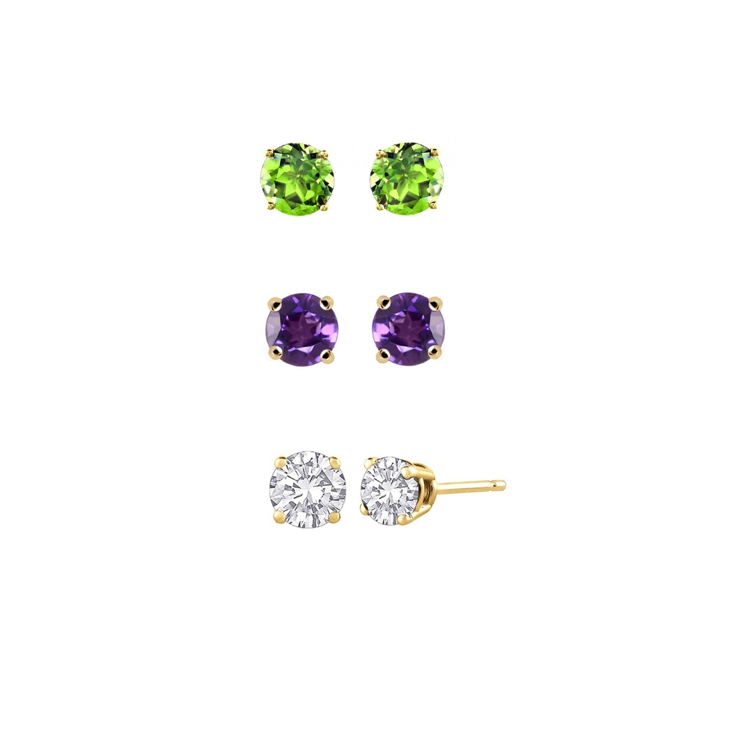 18k Yellow Gold Plated 1/2Ct Created Peridot, Amethyst and White Sapphire 3 Pair Round Stud Earrings