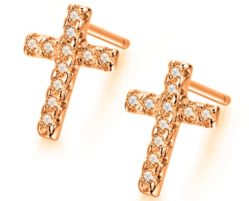 24k Rose Gold Plated 1/2 Ct Created Cross Cubic Zirconia Stud Earrings