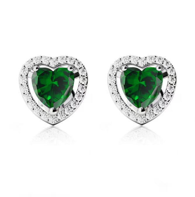 24k White Gold Plated 4 Ct Created Halo Heart Emerald Stud Earrings