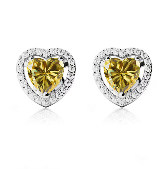 18k White Gold Plated 3 Ct Created Halo Heart Yellow Sapphire Stud Earrings