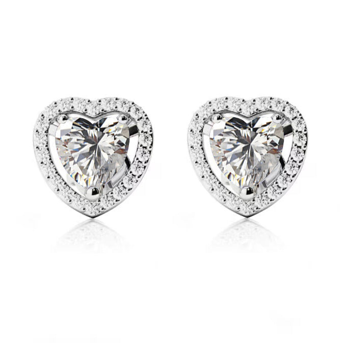 18k White Gold Plated 3 Ct Created Halo Heart White Sapphire Stud Earrings