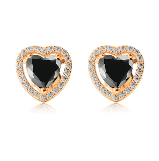 18k Yellow Gold Plated 3 Ct Created Halo Heart Black Sapphire Stud Earrings