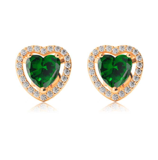 18k Yellow Gold Plated 2 Ct Created Halo Heart Emerald Stud Earrings