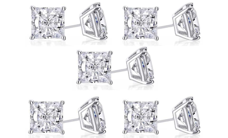 18k White Gold Plated 4mm 1/2Ct Princess Cut White Sapphire Set Of Five Stud Earrings