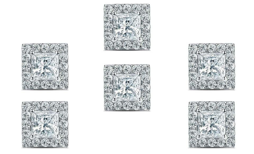 18k White Gold Plated 3Ct Princess Cut White Sapphire Set of Three Halo Stud Earrings