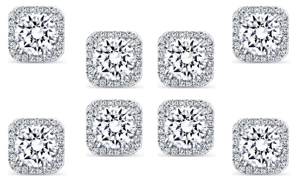 18k White Gold Plated 2Ct Square Cut White Sapphire Set of Four Halo Stud Earrings