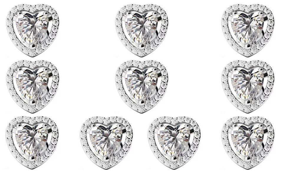 18k White Gold Plated 4mm 1/2Ct Heart White Sapphire Set of Five Halo Stud Earrings
