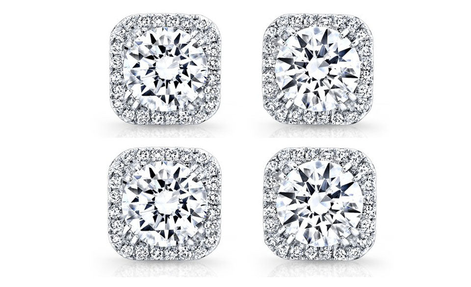 18k White Gold Plated 4mm 1Ct Square Cut White Sapphire Set of Two Halo Stud Earrings