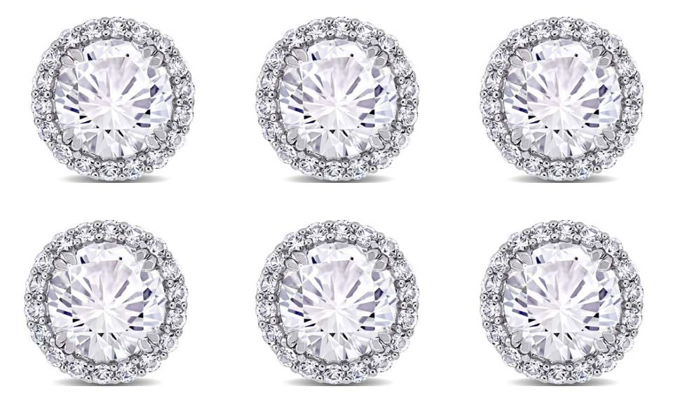 18k White Gold Plated 6mm 1Ct Round White Sapphire Set of Three Halo Stud Earrings