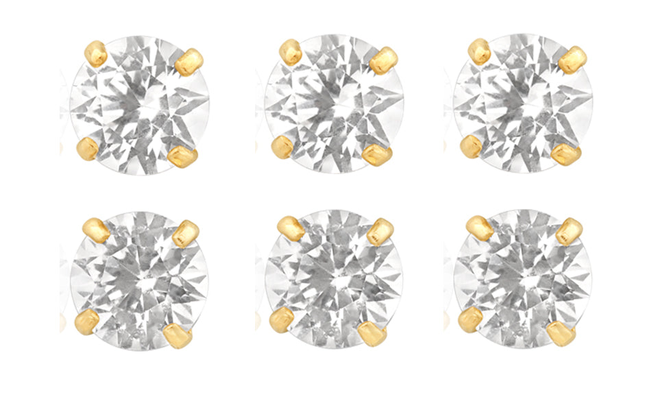 18k Yellow Gold Plated 6mm 2Ct Round White Sapphire Set Of Three Stud Earrings