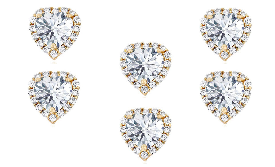 18k Yellow Gold Plated 4mm 3Ct Heart White Sapphire Set of Three Halo Stud Earrings