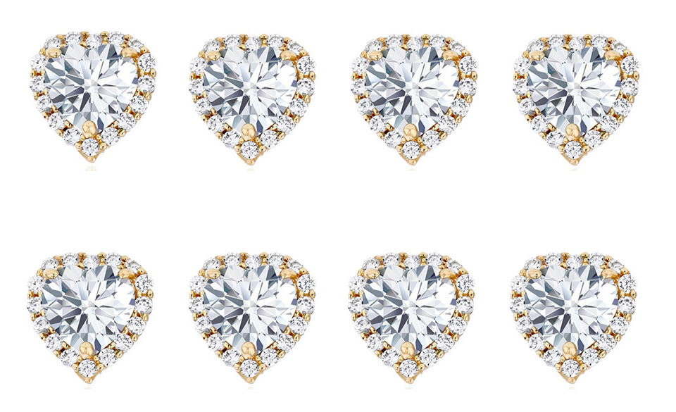 18k Yellow Gold Plated 4mm 2Ct Heart White Sapphire Set of Four Halo Stud Earrings